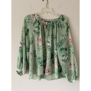Zara Green Floral Sheer Metallic Button Blouse Top Size Small Flowy Boho Career
